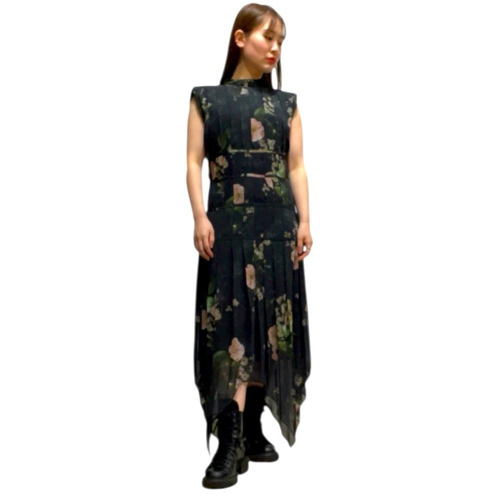 RARE All Saints Coco Asago dress — black floral pleated midi asymmetric NWT - Picture 2 of 15